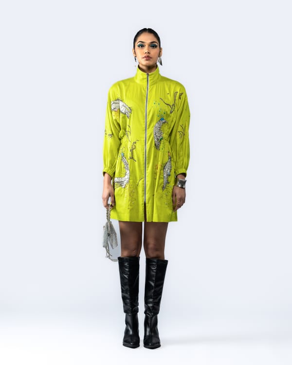 Lime Green Zip-Front High Neck Printed Mini Dress — Ang-sa