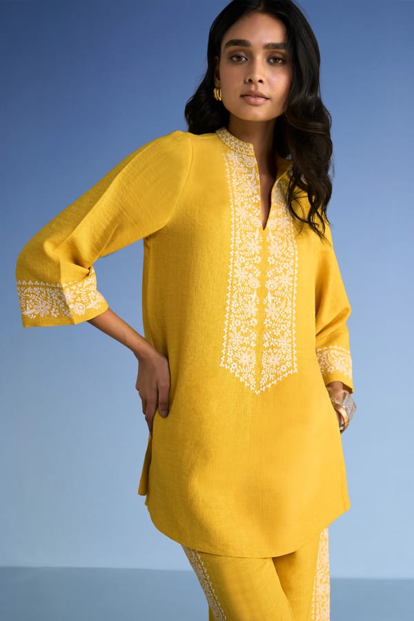 Yellow Linen-Blend Embroidered Longline Popover Top — Dash and Dot