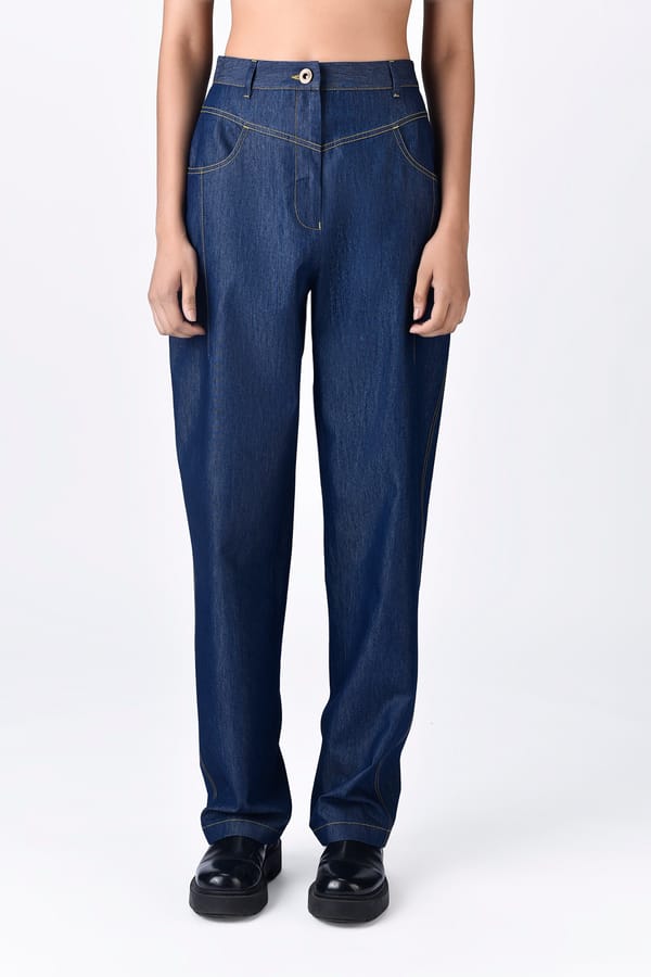 Navy Blue Chambray Relaxed Fit Wide-Leg Trousers — Genes Lecoanet Hemant
