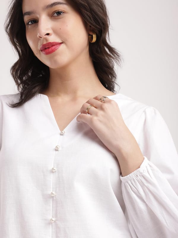 White Cotton Linen V-Neck Button-Front Top — Fable Street