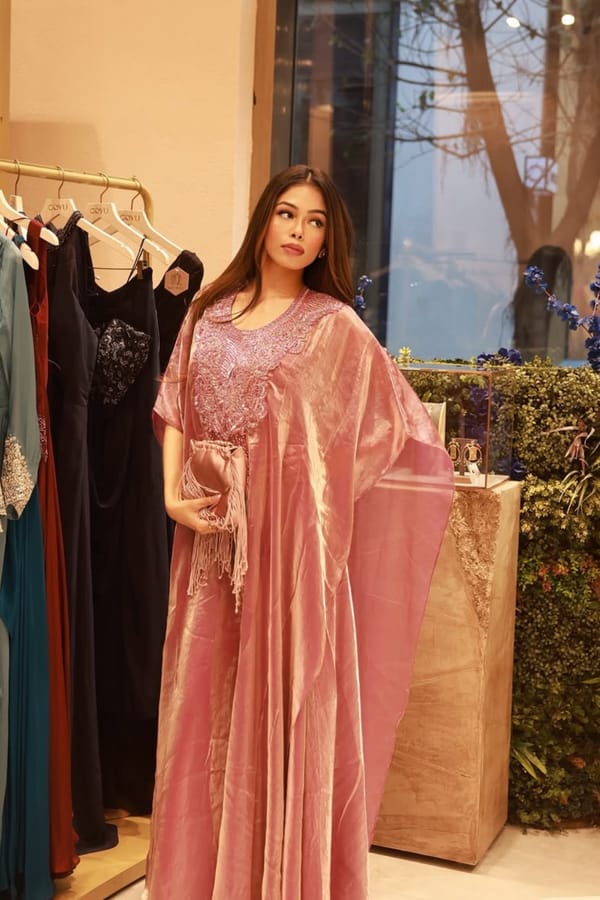 Pink Shimmer Tissue Kaftan and Sharara Co-ord Set — QUNIC