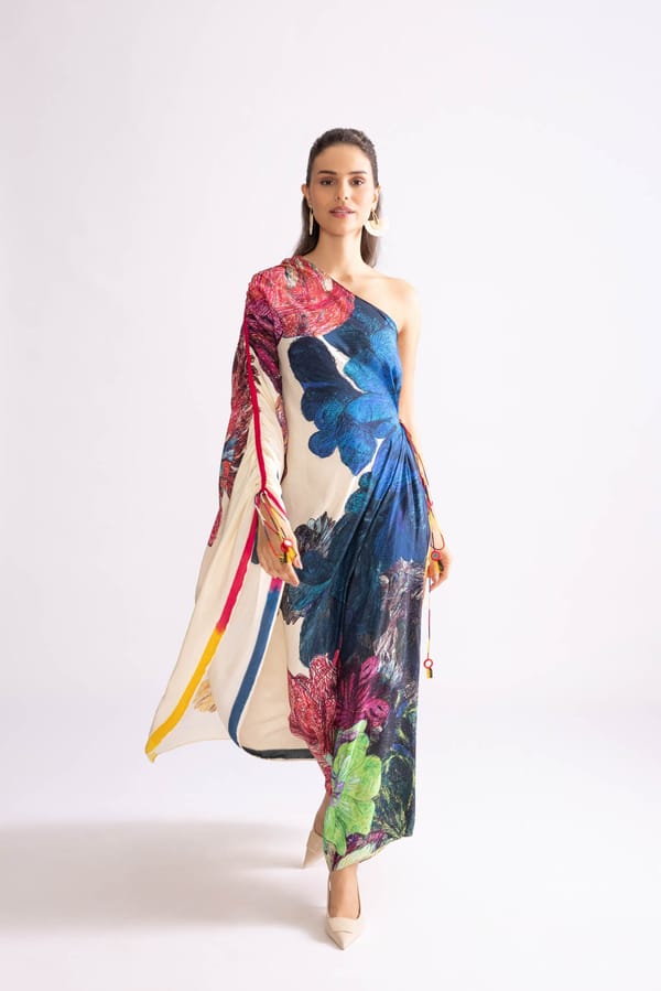 Ivory/Multi One-Shoulder Floral Maxi Kaftan with Side Tie — Saaksha and Kinni