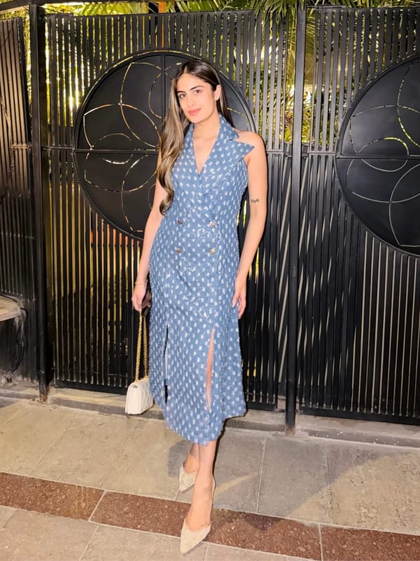 Blue Printed Denim Fit and Flare Shirt Dress with Belt — HOUSE OF FETT