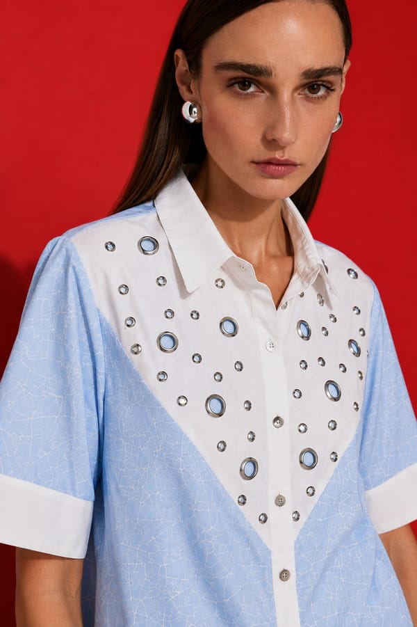 Blue Geometric Print Shirt with Grommet Yoke Detail — Pink Lion India
