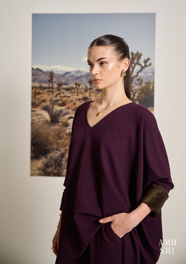 Wine Kaftan-Style V-Neck Top with Fur-Trim Cuffs — AMOSHI