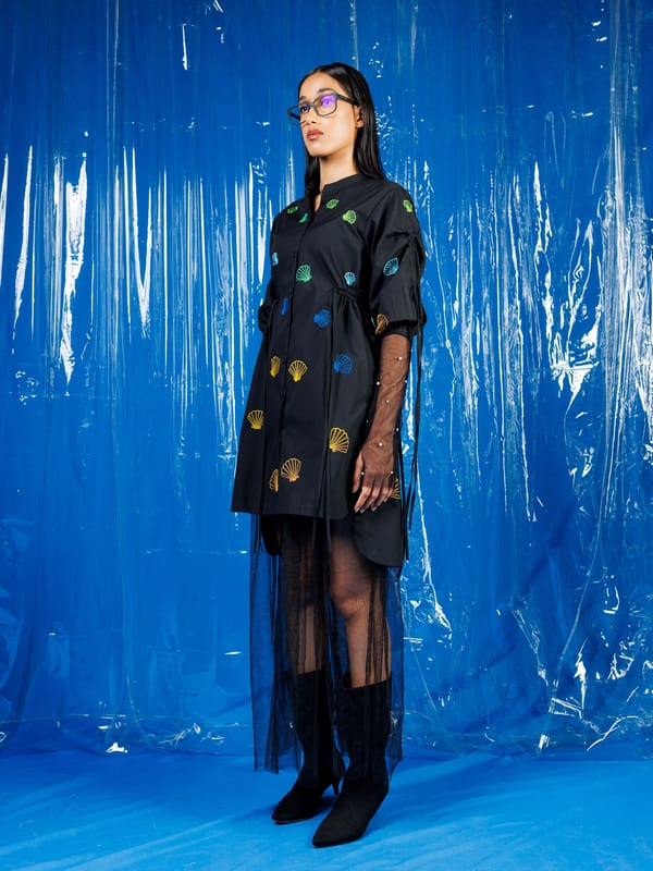 Black Cotton Shirt Dress with Shell Embellishment and Sheer Hem — Ang-sa