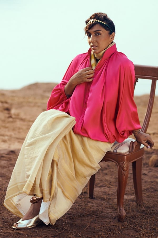 Fuchsia Pink Flowy Satin High-Neck Draped Top — Unrush