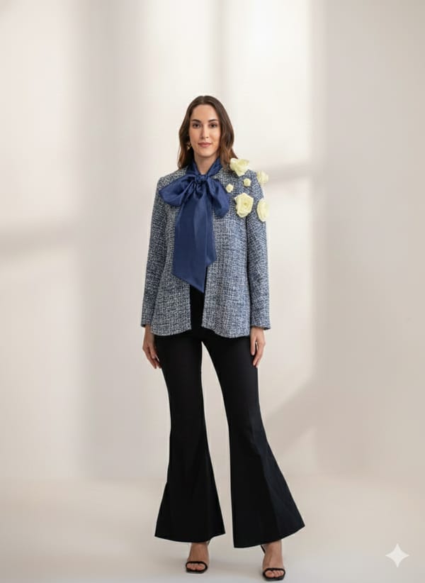 Blue Tweed Cape with 3D Floral Shoulder Detail — AKSH
