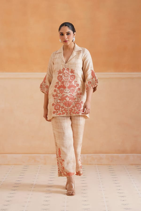 Beige Linen Embroidered Kurta and Pant Co-ord Set — NEETIKA CHOPRA