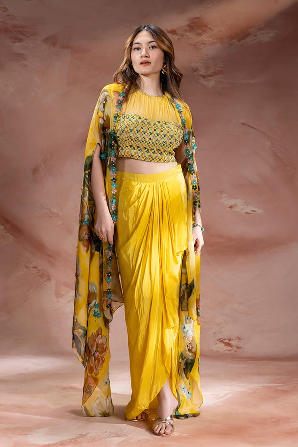 Zeya Embellished Drape Skirt Set With Cape — SOUP by Sougat Paul