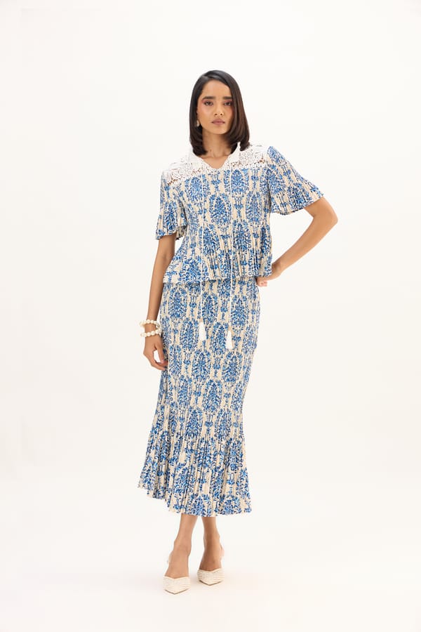 Blue Printed Pleated Top and Midi Skirt Co-ord Set — Scarlet Sage