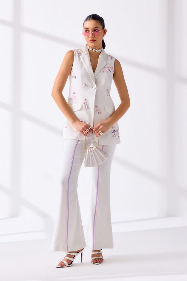 White Embroidered Sleeveless Blazer and Trouser Co-ord Set — Our Love
