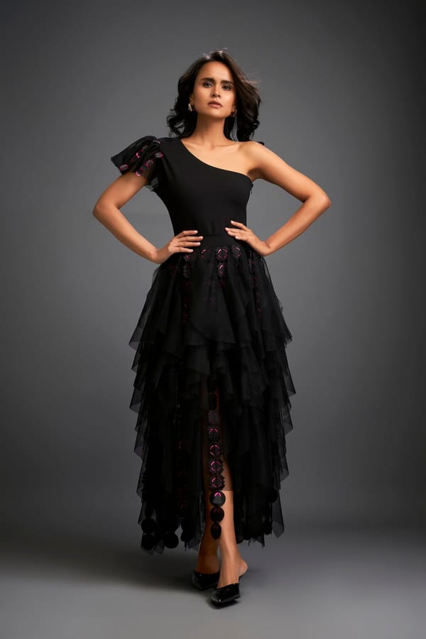 One-shoulder Asymmetrical Co-ord With Tiered Tulle Skirt — Deepika Arora