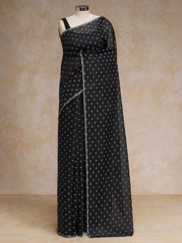 Black Cotton Saree White Butti Print Rozaana — BINKS