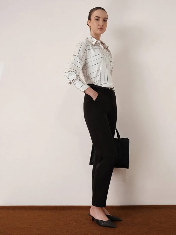 Off White Satin Geometric Print Button-Down Shirt — Fable Street