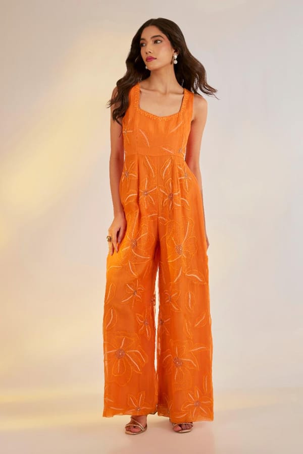 Orange Hand Embroidered Organza Jumpsuit — EWOKE STUDIO