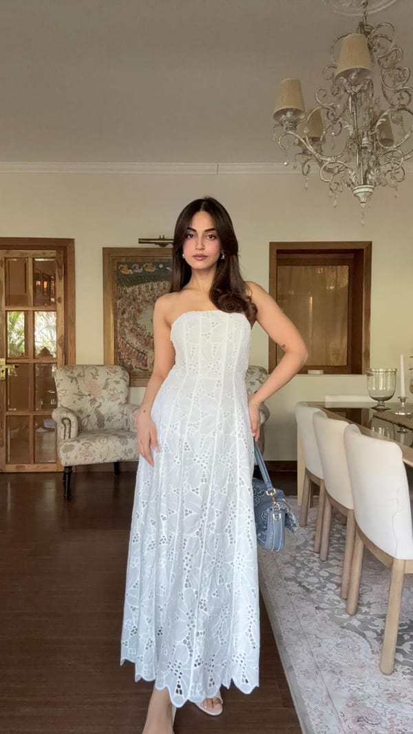 White English Embroidery Strapless Midi Dress — SALSA JEANS