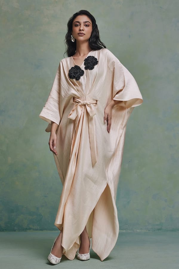 Beige Banarasi Tissue Kaftan with Tie Belt — Zabella