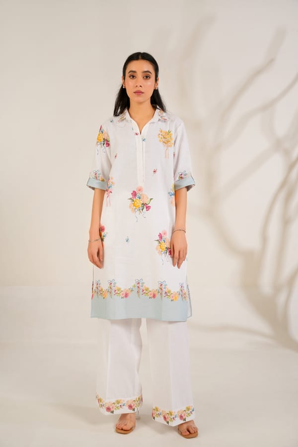 White Floral Straight Kurta Set with Trousers — Moh India
