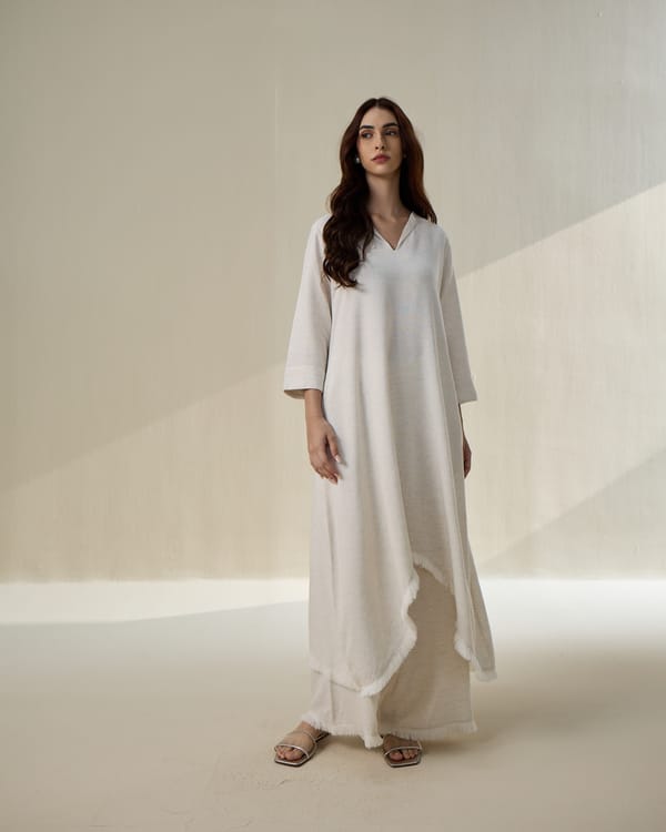 Natural Linen V-Neck Co-ord Set with Wide-Leg Pants — AUR