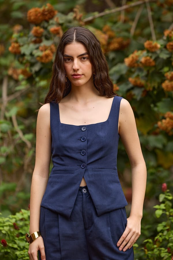 Navy Tailored Square Neck Button-Down Waistcoat — The Clothing Factory