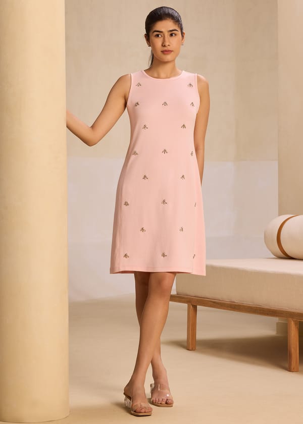 Pearl Pink Rhinestone Embellished Shift Dress — Alonge