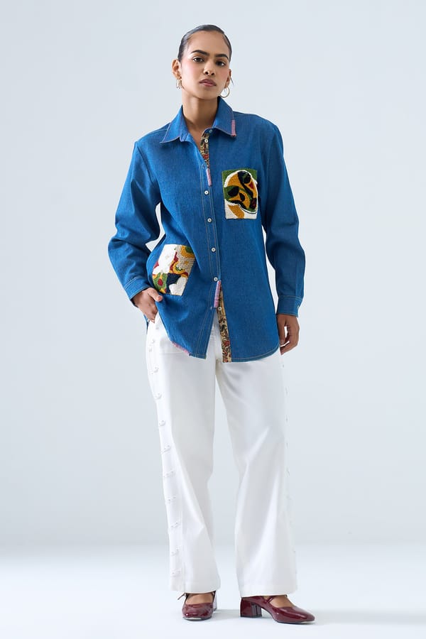 Blue Longline Button-Down Shirt with Patch Pockets — STITCH STORIES