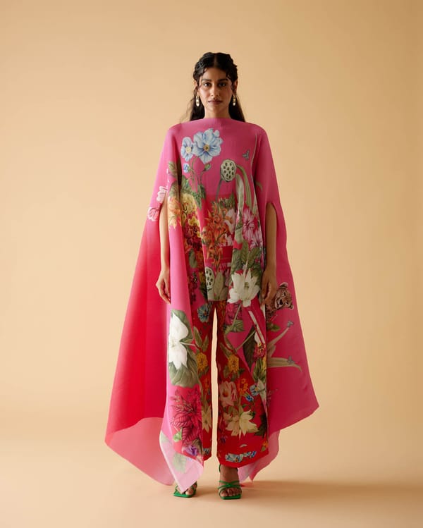 Fuschia/Magenta Pleated Satin Floral Print Cape — Moh India