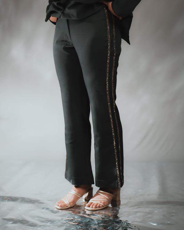 Black Straight-Leg Trousers with Embellished Side Stripe — Darling Girl