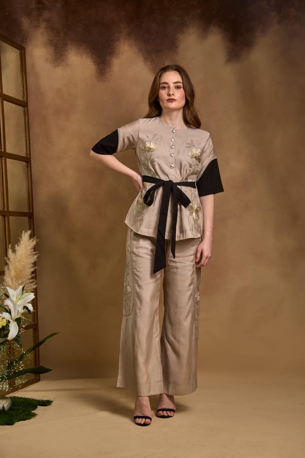 Light Grey and Black Embroidered Shirt Co-ord Set — An'era by Asmita Verma
