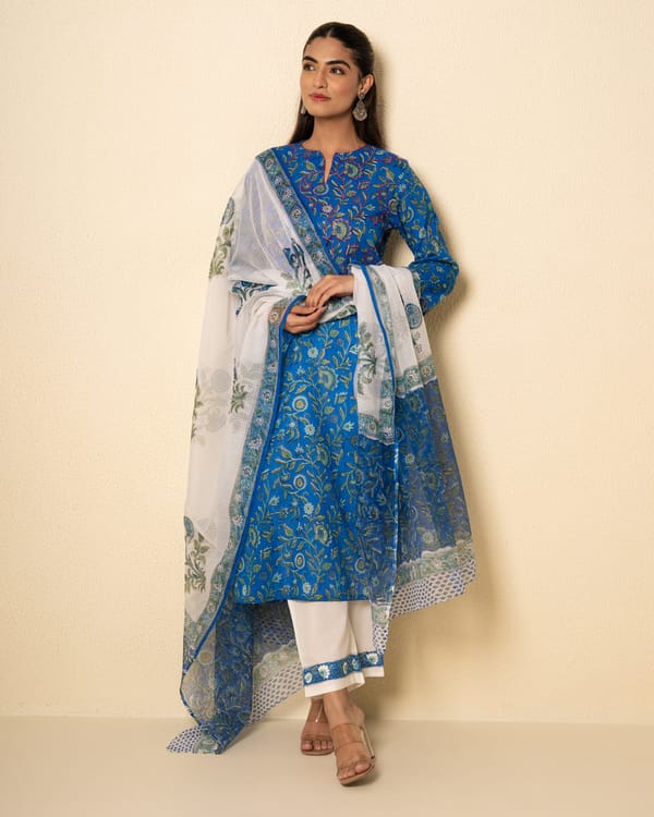 French Blue Cotton Floral Block Print Suit Set (Set of 3) — Kameez
