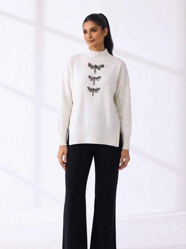 White High-Neck Pullover Sweater with Dragonfly Motifs — MnM