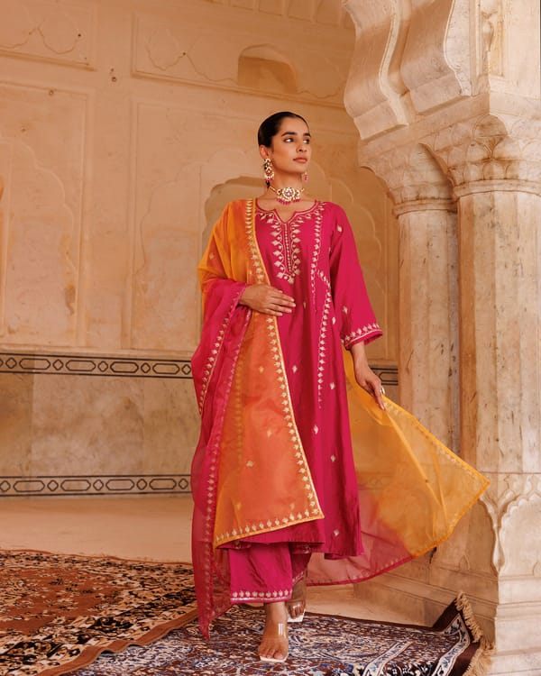Magenta Chanderi Anarkali Set With Dual-Shaded Dupatta — Bannhi by Priyanka Rathore