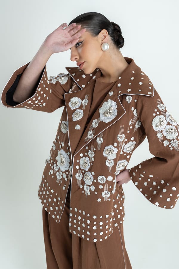 Tan Embroidered Cotton-Linen Lapel Jacket — Our Love