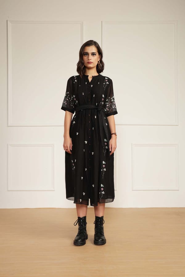 Black Cotton Chanderi Block Print Pleated Midi Dress — Arcvsh Pallavi Singh