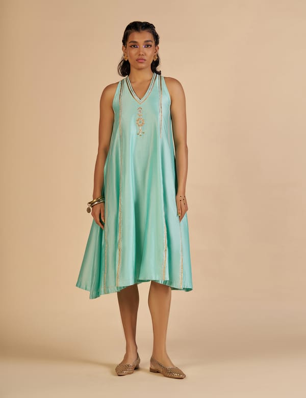 Aqua Silk Chanderi A-Line Midi Dress with Gota Detail — Gulabo by Abu Sandeep