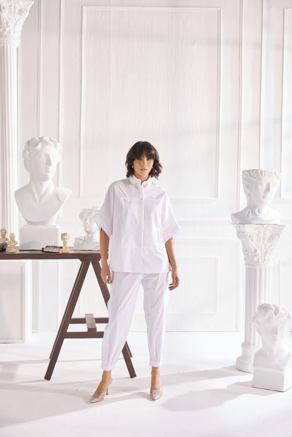 White Poplin Sequin Panel Co-ord Set with Tapered Pants — Shivya K