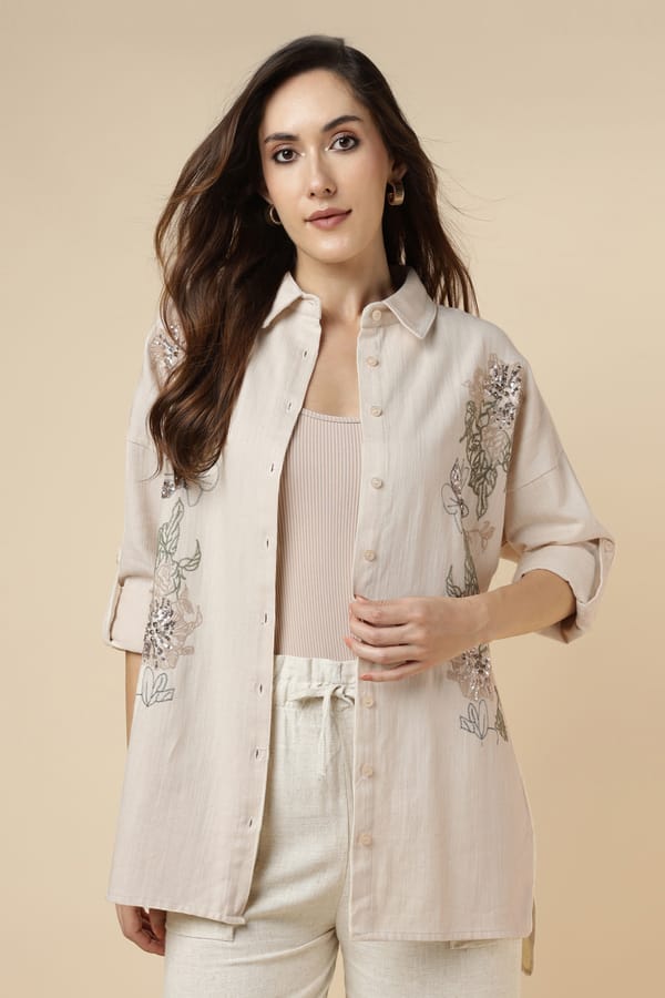 Natural Cotton Longline Embroidered Shirt — BURRASCA