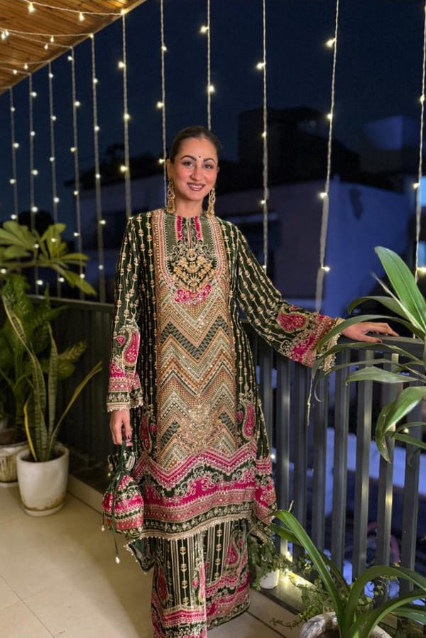 Olive Green and Pink Velvet Printed Kurta Palazzo Set — Surkh Syahi