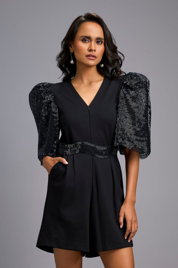 Black V-Neck Playsuit with Shimmer Belt — Deepika Arora
