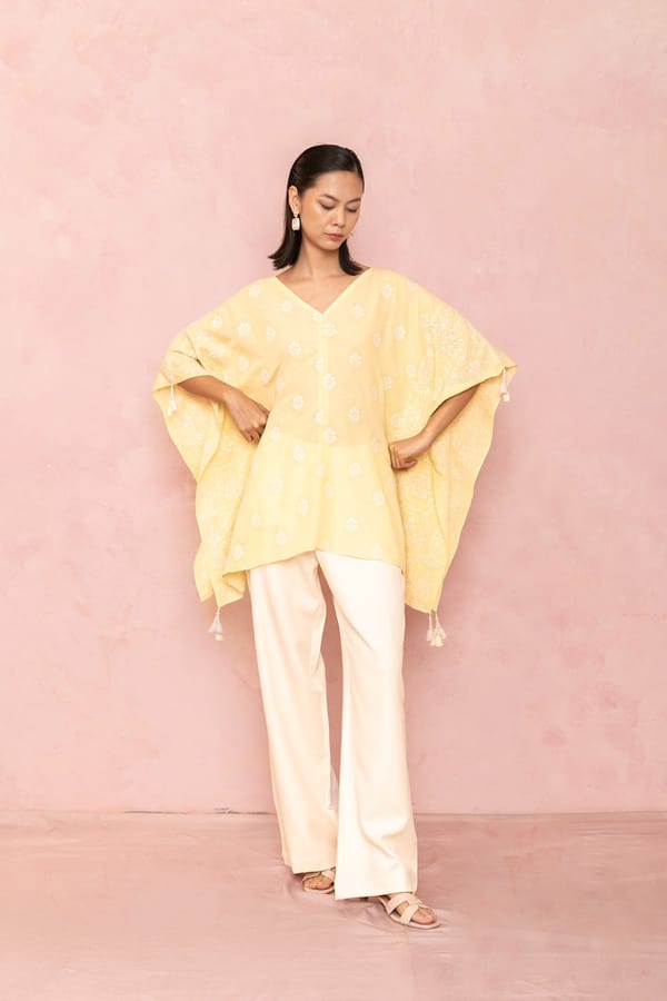 Lemon Yellow Linen Embroidered V-Neck Kaftan Top — LABEL NAARITI