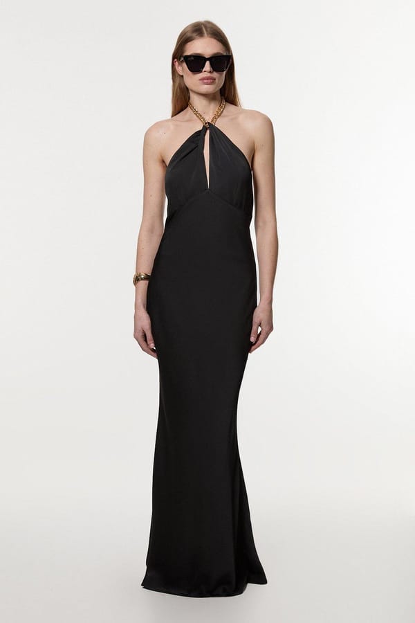 Black Halter Neck Backless Maxi Gown with Chain Detail — KAREN MILLEN