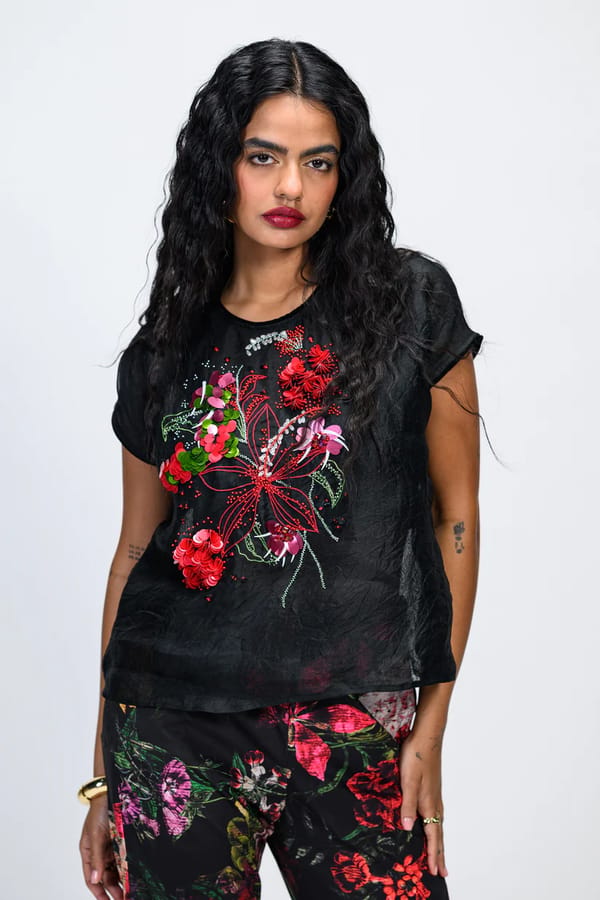 Black Organza 3D Floral Embellished Top — The Dramebaaz Company