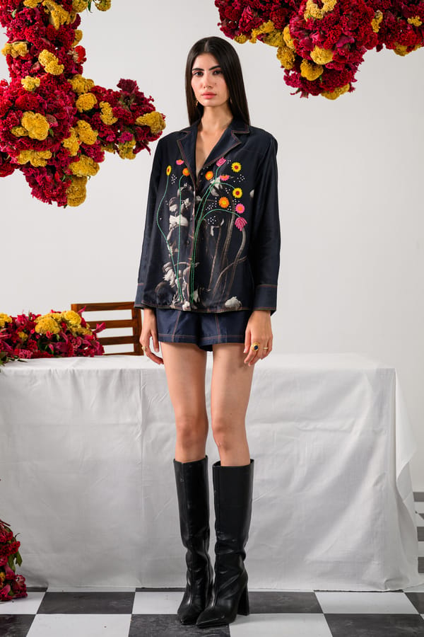 Black Floral Printed Embroidered Shirt and Shorts Co-ord Set — The Dramebaaz Company
