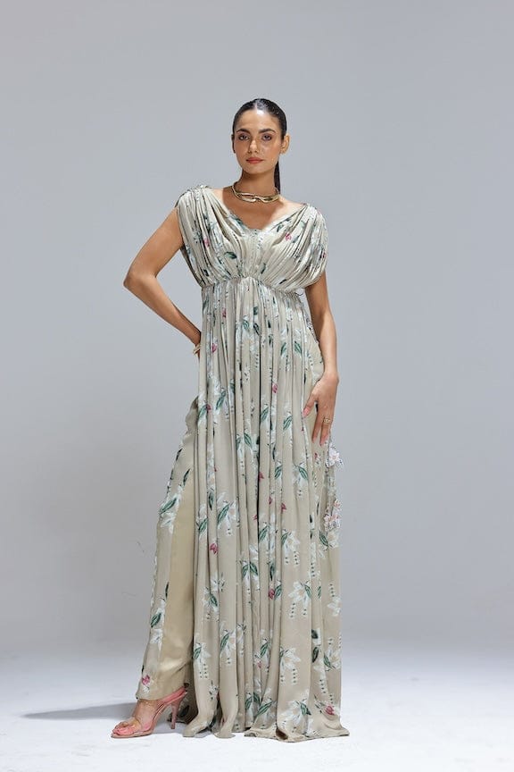 Ivory Draped Floral Kurta Set with Straight Pants — STUDIO SURBHI