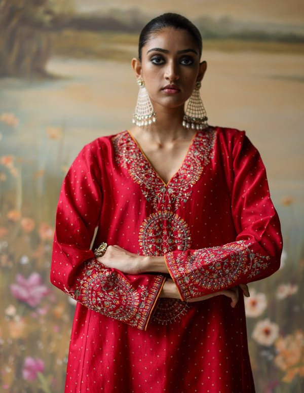 Scarlet Silk Chanderi Embroidered Kurta Set with Dupatta — Shikha Mehta