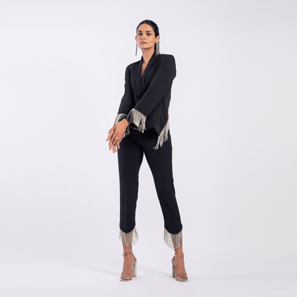 Black Tailored Blazer with V-Cut Back Rhinestone Detail — MAGIA