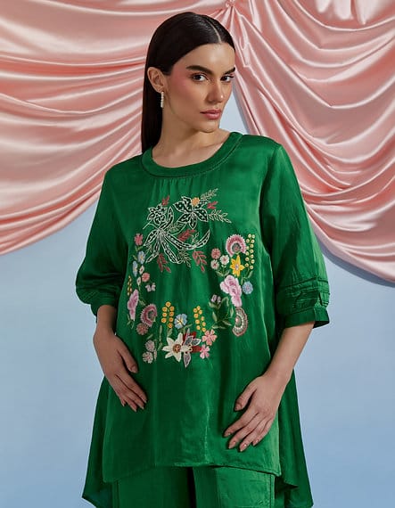 Forest Green Linen Satin Embroidered Top and Trouser Co-ord Set — Pozruh
