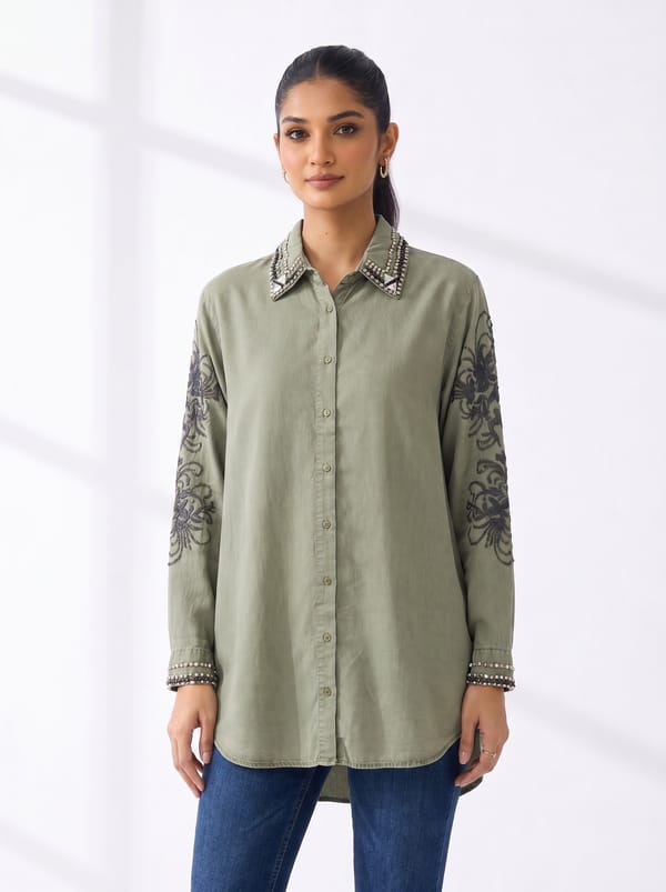 Green Embellished Collar Printed Longline Shirt — THE LUXURY DRESSING