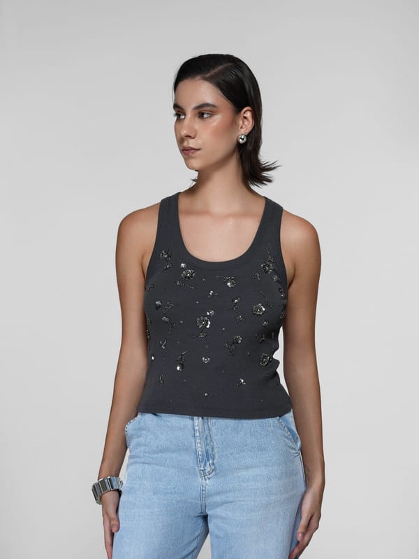 Dark Grey Beaded Floral Tank Top — The Clothing Factory